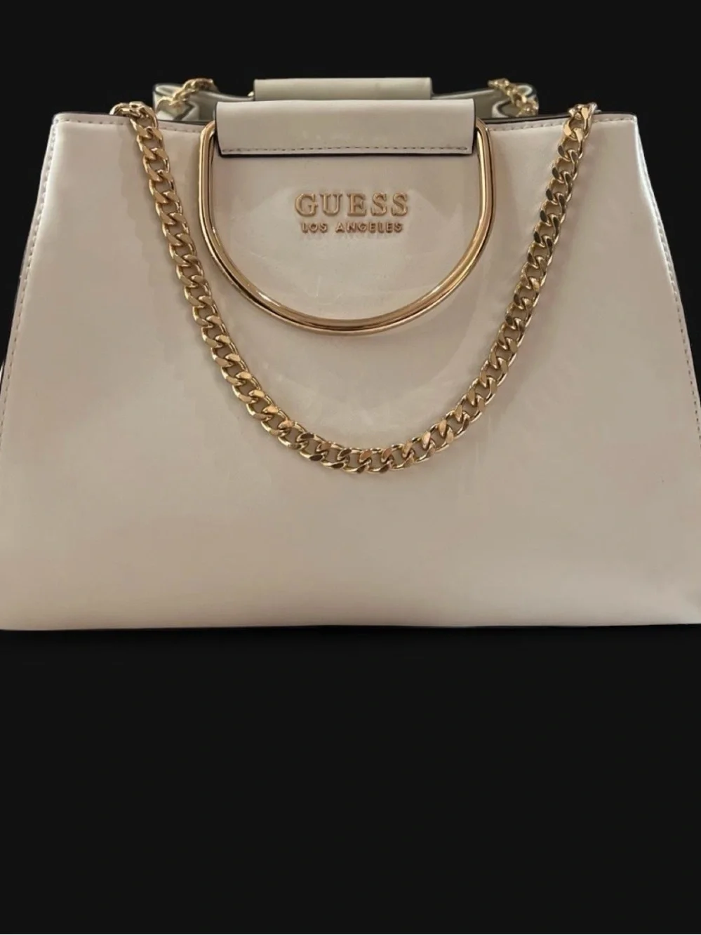 GUESS Cream Satchel with Gold Chain Accent